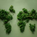 Creative arranged green world continents made of natural dense fresh verdant plants placed on green background in modern light studio